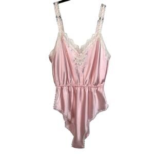 Barbizon Teddy Bodysuit Womens Large Vintage 90s Pink Satin Lace Trim Floral